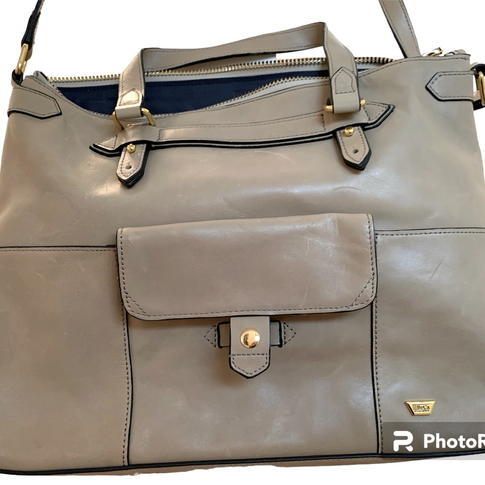 Joy Gryson tan / cream IIIBeCa satchel with three removable interior pockets.